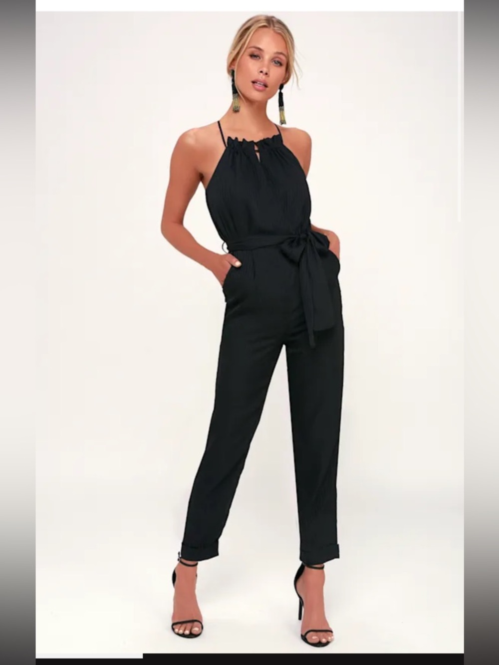 New Lulus Soiree Halter Black Striped Cross Back JOA Jumpsuit/Romper, Small